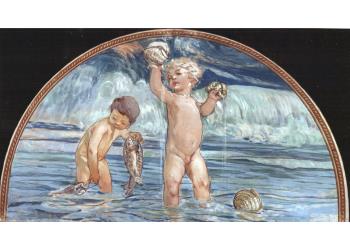 Due putti nel mare con pesci e conchiglie Due putti nel mare con pesci e conchiglie